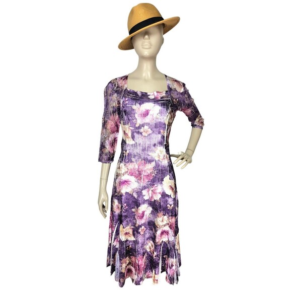 Komarov Romantic Purple Floral Crinkle Chiffon Lace Paneled Flowy Midi Dress PS - Picture 4 of 10
